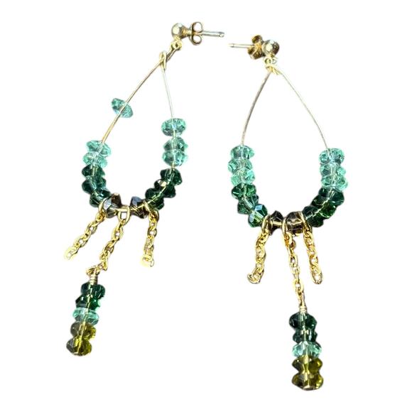 Bohemian Dangle Hoop‎ Earrings – Green & Blue Faceted Beads, Gold-Tone Chains - Picture 2 of 4